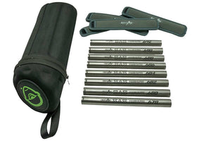 A set of stylish accessories for everyday use including a carrying case and multiple golf alignment rods.