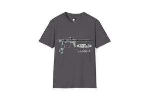 Elite athletic apparel featuring a graphic of a firearm on a gray t-shirt for sports enthusiasts.