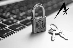Locked padlock featuring NFT on a laptop keyboard related to NFT products for Adrenaline owners.