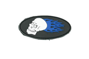 Adrenaline swag apparel featuring a skull patch with blue flames design.