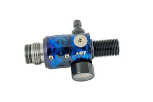 Blue diving regulator showing details of diving tanks and regulators for scuba diving equipment.